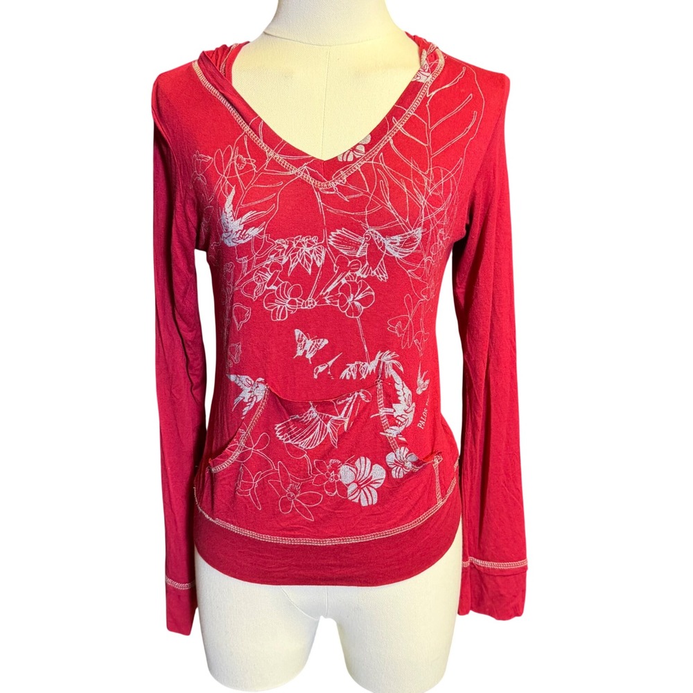 Palos Verdes Hoodie Women Size M Red Silver Foil Floral Hummingbird Good Y2K